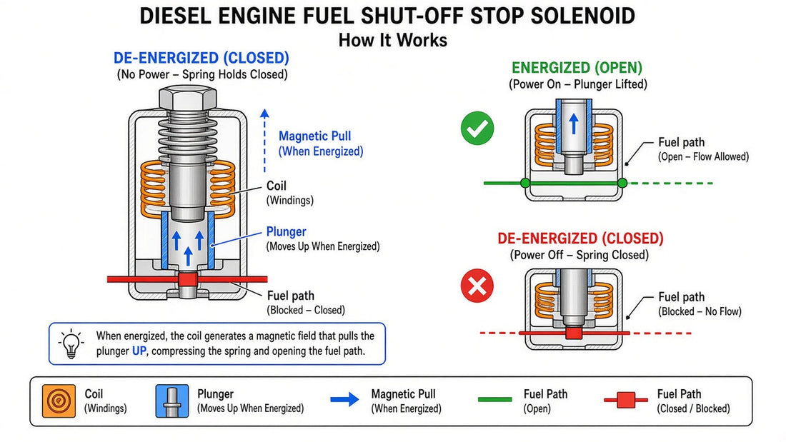 Illustration of how a fuel shut-off stop solenoid controls fuel on diesel equipment