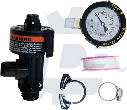 Pool filter air relief valve and pressure gauge assembly 98209800, compatible with Pentair FNS, Clean & Clear, Quad DE and 4000 series filters